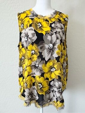 Who What Wear Yellow Black Floral Sleeveless Blouse Top